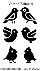 stylized bird vector icons in black and white. minimalistic bird illustrations with distinct shapes. graphic bird icons with clean and bold design.
