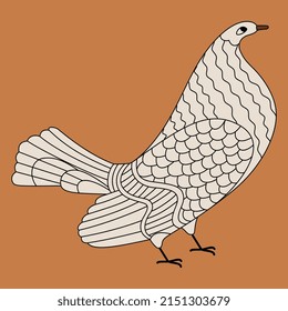 Stylized bird. White dove or pigeon on orange background. Ancient Greek animal design. Vase painting style. Isolated vector illustration.