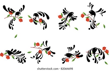 Stylized birds collection, isolated and grouped objects on white
