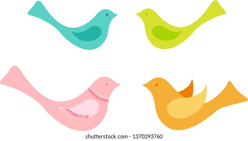 Stylized birds of different colors.