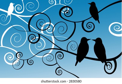 stylized birds on spiral branches