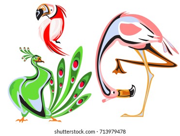 Stylized Birds. Parrot, Peacock, Flamingo.