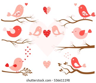 Stylized birds in pink and tree branches in brown in flat style for Valentine's day and wedding designs