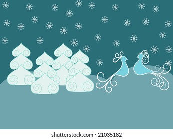 Stylized birds in snow landscape