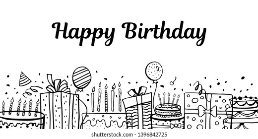 Stylized birthday cakes, gift boxes, balloons. Hand drawn cartoon vector doodle sketch illustration black on white background. Print design template