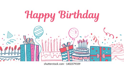 Stylized birthday cakes, gift boxes, balloons. Hand drawn cartoon colorful vector doodle sketch illustration on white background. Print design template