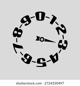 stylisierte schwarze analoge Uhr mit fragmentierten Ziffern und einem einzelnen Zeiger auf hellgrauem Hintergrund