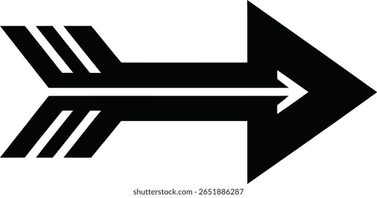 Stylized black arrow with fletching pointing to the right on a white background