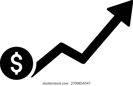 Um gráfico de seta preta estilizada com uma moeda de sinal de dólar em sua base, indicando crescimento financeiro, tendência ascendente e progresso econômico.
