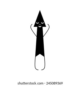 Stylized Black Arrow With Grey Eyes, Nose And White Smile Standing In Legs Straight Up With Its Hands Up. Concept Of Success And Business Achievements