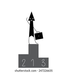 Stylized black arrow with grey eyes, nose and white broad smile standing on the top of three tier award podium holding case in one hand and waving another. Concept of success and business achievements