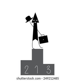 Stylized black arrow with grey eyes, nose and white broad smile standing on the top of three tier award podium holding briefcase in one hand and waving hat. Concept of success and business achievement