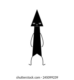 Stylized black arrow standing straight up with grey eyes, nose and white mouth with hands and legs. Concept of temporary crisis in business