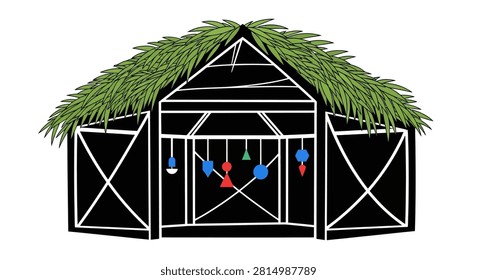 A stylized black barn structure with a textured thatched roof and various colorful decorative hanging ornaments inside the open center section