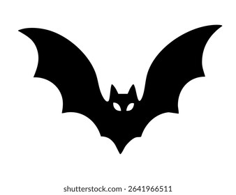 Stylized black bat vector silhouette with pointed wings and glowing eyes. Perfect for Halloween decorations, spooky designs, posters, party invitations, icons, stickers and themed printables.