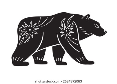 A stylized black bear design featuring floral and geometric patterns, ideal for nature-themed projects.