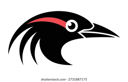 Uma cabeça de pássaro preto estilizado com uma listra vermelha acima de seu olho e bico afiado, colocado contra um fundo branco. O design é simples e gráfico.