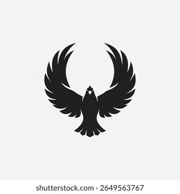 Stylized black bird silhouette logo with wings spread in a bold, abstract form. Minimalist and symmetrical design on white background. Perfect for branding, tattoo, or decor.