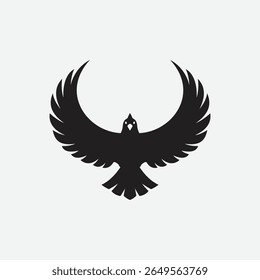 Stylized black bird silhouette logo with wings spread in a bold, abstract form. Minimalist and symmetrical design on white background. Perfect for branding, tattoo, or decor.