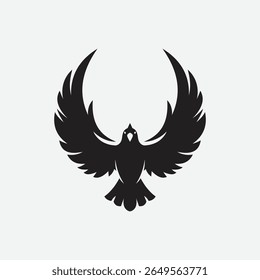 Stylized black bird silhouette logo with wings spread in a bold, abstract form. Minimalist and symmetrical design on white background. Perfect for branding, tattoo, or decor.