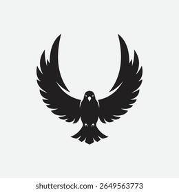Stylized black bird silhouette logo with wings spread in a bold, abstract form. Minimalist and symmetrical design on white background. Perfect for branding, tattoo, or decor.