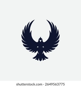 Stylized black bird silhouette logo with wings spread in a bold, abstract form. Minimalist and symmetrical design on white background. Perfect for branding, tattoo, or decor.