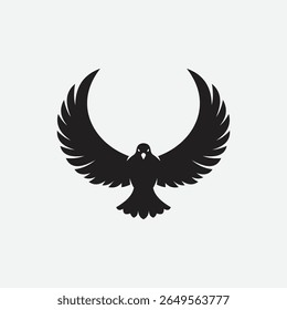 Stylized black bird silhouette logo with wings spread in a bold, abstract form. Minimalist and symmetrical design on white background. Perfect for branding, tattoo, or decor.