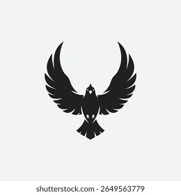 Stylized black bird silhouette logo with wings spread in a bold, abstract form. Minimalist and symmetrical design on white background. Perfect for branding, tattoo, or decor.