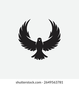 Stylized black bird silhouette logo with wings spread in a bold, abstract form. Minimalist and symmetrical design on white background. Perfect for branding, tattoo, or decor.