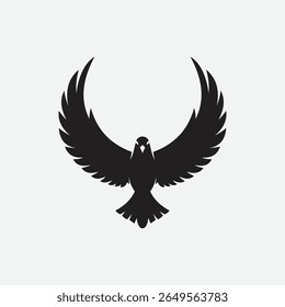 Stylized black bird silhouette logo with wings spread in a bold, abstract form. Minimalist and symmetrical design on white background. Perfect for branding, tattoo, or decor.