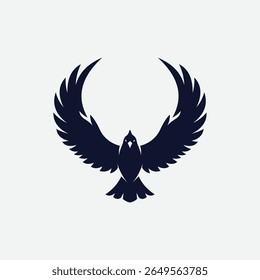 Stylized black bird silhouette logo with wings spread in a bold, abstract form. Minimalist and symmetrical design on white background. Perfect for branding, tattoo, or decor.