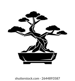 Uma ilustração estilizada de árvore de bonsai preto. A árvore está em um vaso, com formas geométricas. A imagem é um design minimalista.