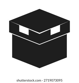 Stilisierte schwarze Schachtel mit offenem Deckel, die ein minimalistisches Design zeigt.