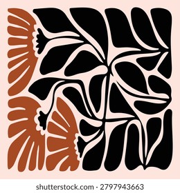 Stylized black and brown botanical shapes intermingle on a soft pink background, creating a vibrant and abstract floral composition for various design needs.