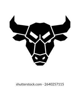A stylized black bull's head with geometric shapes, facing forward. The design is bold and graphic against a white background.