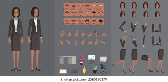 Stylized Black Businesswoman Character Creation Set, Cartoon woman Wearing Black Suit with Movable Joints for rigging and Animation, Lip-sync, Hand Gestures, Emotions and Poses, Premium Vector