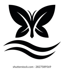 Stylized black butterfly icon hovering above flowing water lines. Minimalist logo design suitable for spa, beauty, or environmental branding. Clean graphic symbol.