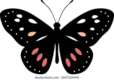 Stylized black butterfly illustration with white and pink spots. Simple, elegant design element for various creative projects and designs.