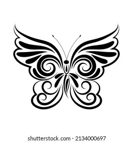 Stylized black butterfly with ornate ornament. Isolated element on a white background. Vector illustration. Tattoo.