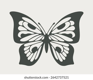 Stylized black butterfly silhouette with decorative wing patterns, minimalistic flat graphic style, on a light background. Concept of elegance and transformation. Vector illustration