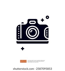 A stylized black camera icon, representing photography and capturing moments, with decorative elements surrounding it.