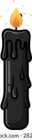 A stylized black candle featuring dripping wax and a glowing orange flame. This vector graphic represents mystery and ritualistic themes.