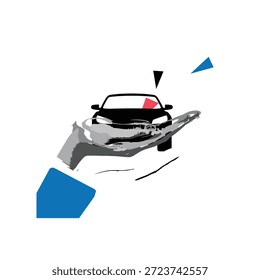 Um carro preto estilizado avançando rapidamente com formas geométricas abstratas