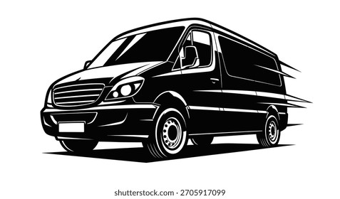 Uma van de carga preta estilizada retratada em um estilo dinâmico e ilustrativo, sugerindo movimento e velocidade.