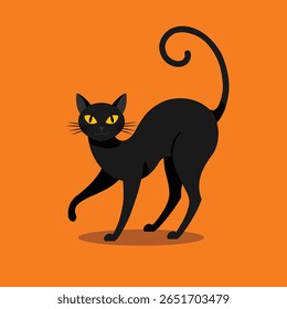 Gato preto estilizado com cauda curvada e olhos amarelos, de pé confiante em um fundo laranja. Esta ilustração vetorial plana evoca uma vibração de Halloween divertida, mas assustadora, ideal para cartões de felicitações