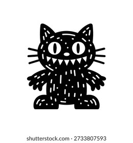A stylized black cat drawing with large, round eyes and a wide grin revealing sharp teeth, adorned with small white speckles.