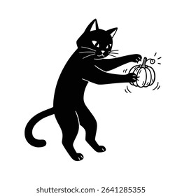 Stylized black cat gripping a small pumpkin with sharp claws, great for Halloween illustrations on white with png file.