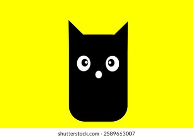 Stylized Black Cat Illustration on Bright Yellow Background with Playful Expression