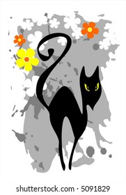 The stylized black cat on a grunge grey flower background.