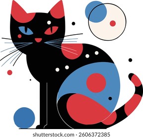 A stylized black cat with red and blue geometric shapes, accompanied by circles and dots on a white background.
